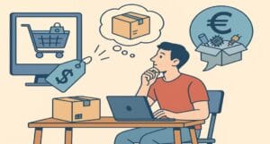 ð¦ Szállítás, újragondolva Egy férfi laptop előtt ülve gondolkodik elektronikai alkatrészek online vásárlásán.