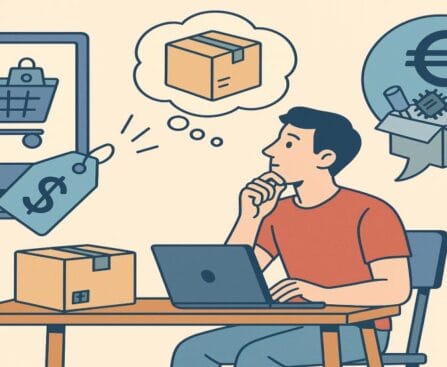 Egy férfi laptop előtt ülve gondolkodik elektronikai alkatrészek online vásárlásán.