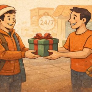 Két ember ajándékot cserél karácsonyfa mellett egy robot társaságában, utalva a biztos, személyes csomagátvétel lehetőségére az ünnepek előtt.