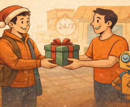 Két ember ajándékot cserél karácsonyfa mellett egy robot társaságában, utalva a biztos, személyes csomagátvétel lehetőségére az ünnepek előtt.
