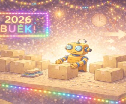 Egy barátságos sárga robot dobozokat csomagol egy ünnepi, színes fényekkel díszített raktárban, a háttérben "2026 BUÉK!" felirattal.