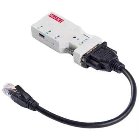 Az IRXON BT578_V3 RS232 Bluetooth adapter a tartozékaival együtt látható: USB Type-C kábel, maga az adapter és egy DB9 gender changer. A kép a vezeték nélküli soros adapter telepítéséhez szükséges alap kiegészítőket mutatja