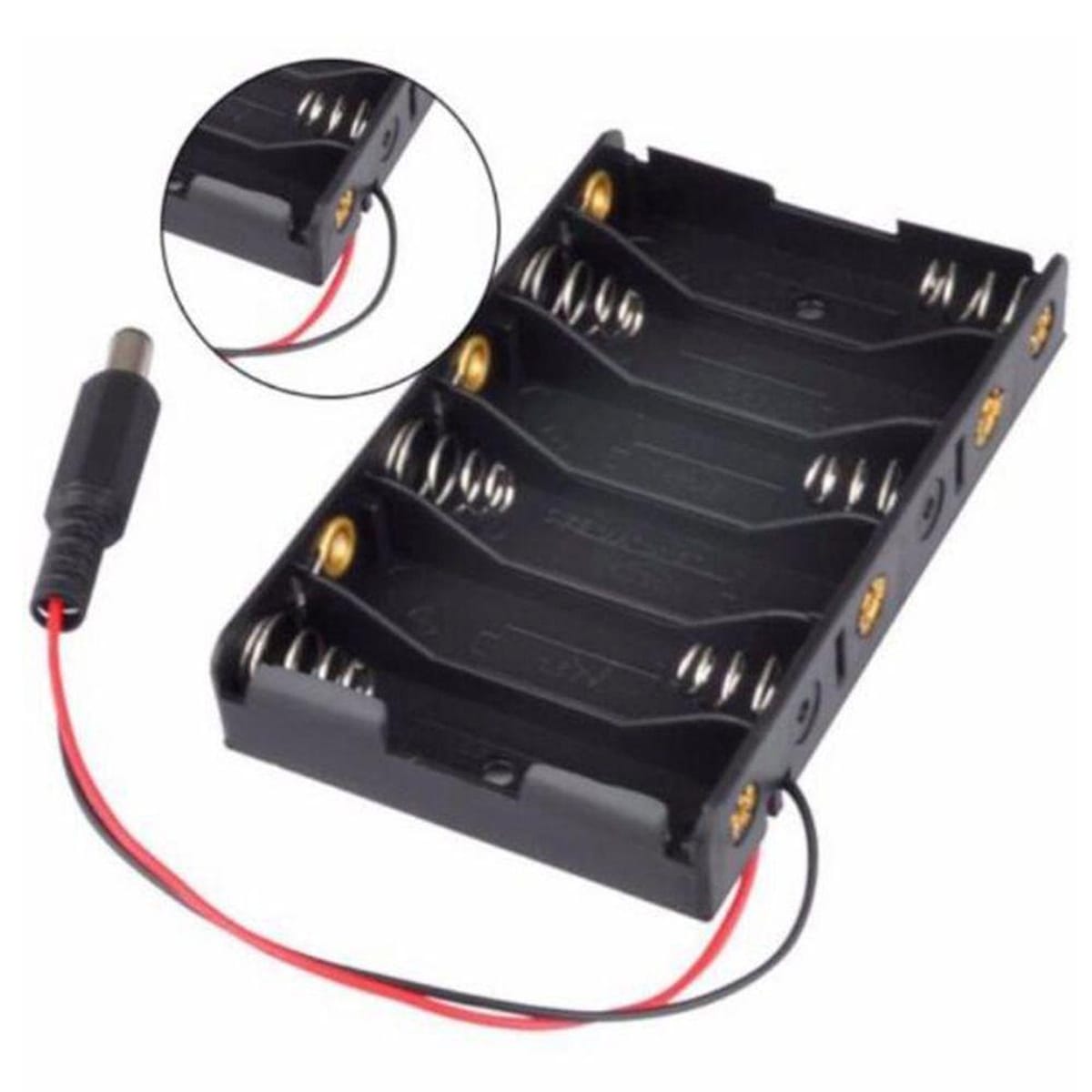 6 darab AA elem számára kialakított elemtartó vezetékkel és DC tápcsatlakozóval, hordozható Arduino projektek, oktatási elektronikai kísérletek és robotikai fejlesztések energiaforrásaként.