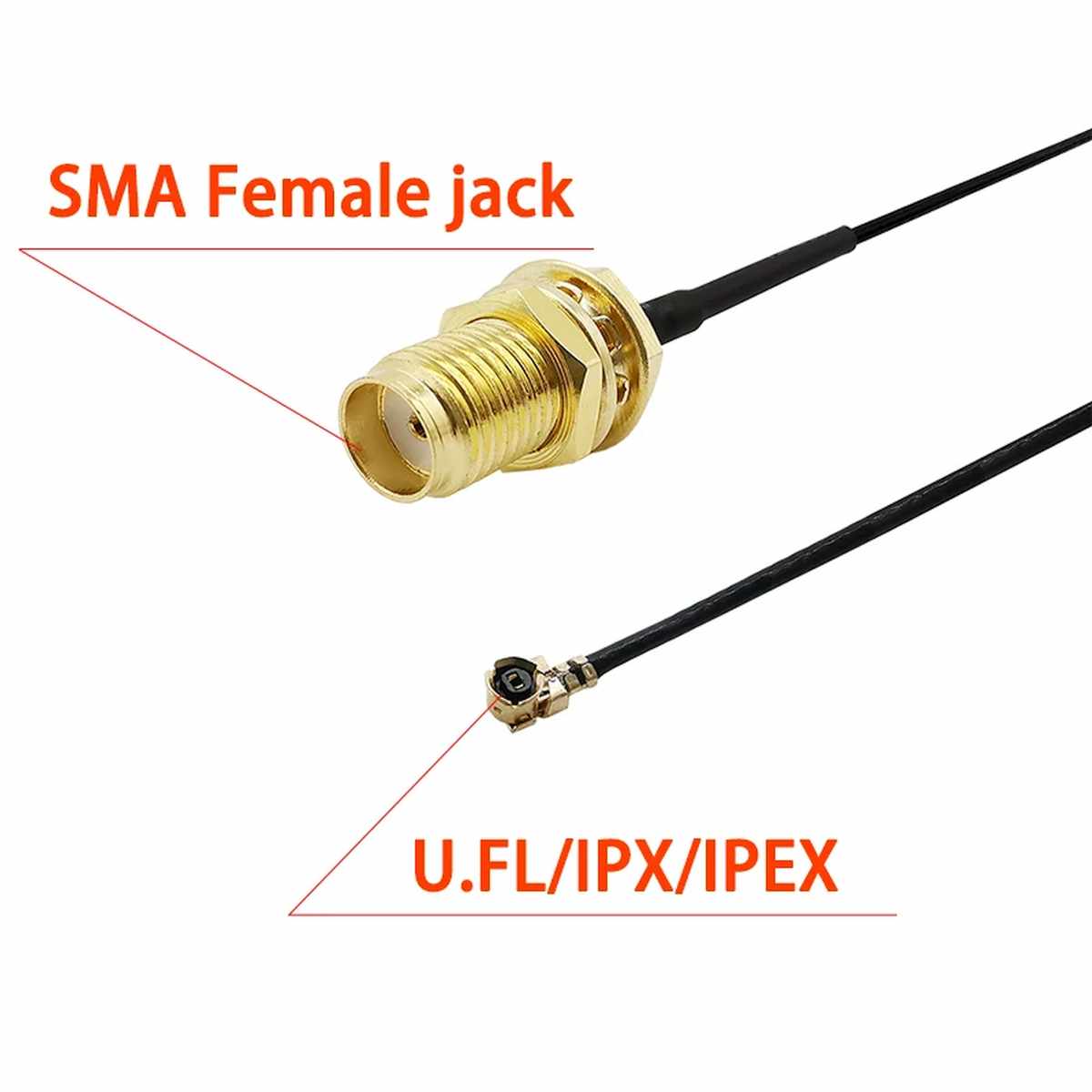 SMA‑female to UFL RF kábel, 50 Ω impedanciával, Wi‑Fi, GPS és IoT projekt csatlakozó adapter.