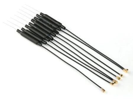 Vékony, fekete 2.4 GHz-es IPEX antennák Arduinohoz és mikrokontrollerekhez, aranyszínű csatlakozóval, vezetékes kivitelben.