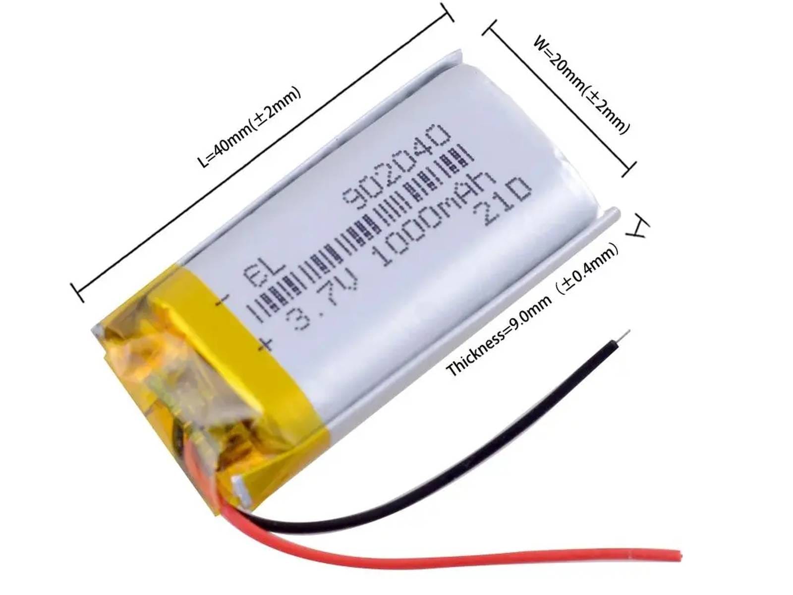 Egy 902040 típusú 3,7 V-os, 1000 mAh kapacitású lítium-polimer (LiPo) akkumulátor beépített védelmi áramkörrel, csatlakozó nélkül, kábellel.
