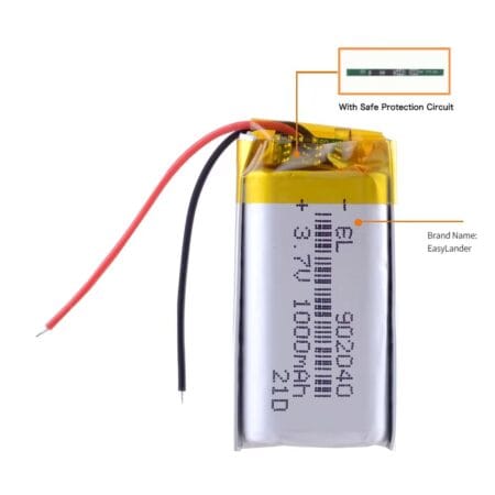 Kompakt, ezüst burkolatú 3,7 V-os lítium-polimer cella 1000 mAh felirattal, két csupasz végű kábellel és felül elhelyezett védelmi modullal, hordozható eszközök építéséhez és elektronikai prototípusok tápellátásához.