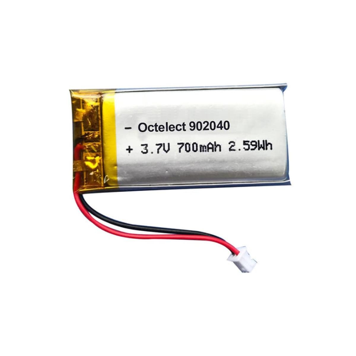 902040 jelölésű 3,7 V-os 700 mAh LiPo akkumulátor ezüst tasakos kivitelben, piros-fekete vezetékkel és kis kétpólusú csatlakozóval hordozható elektronikai eszközök tápellátásához.