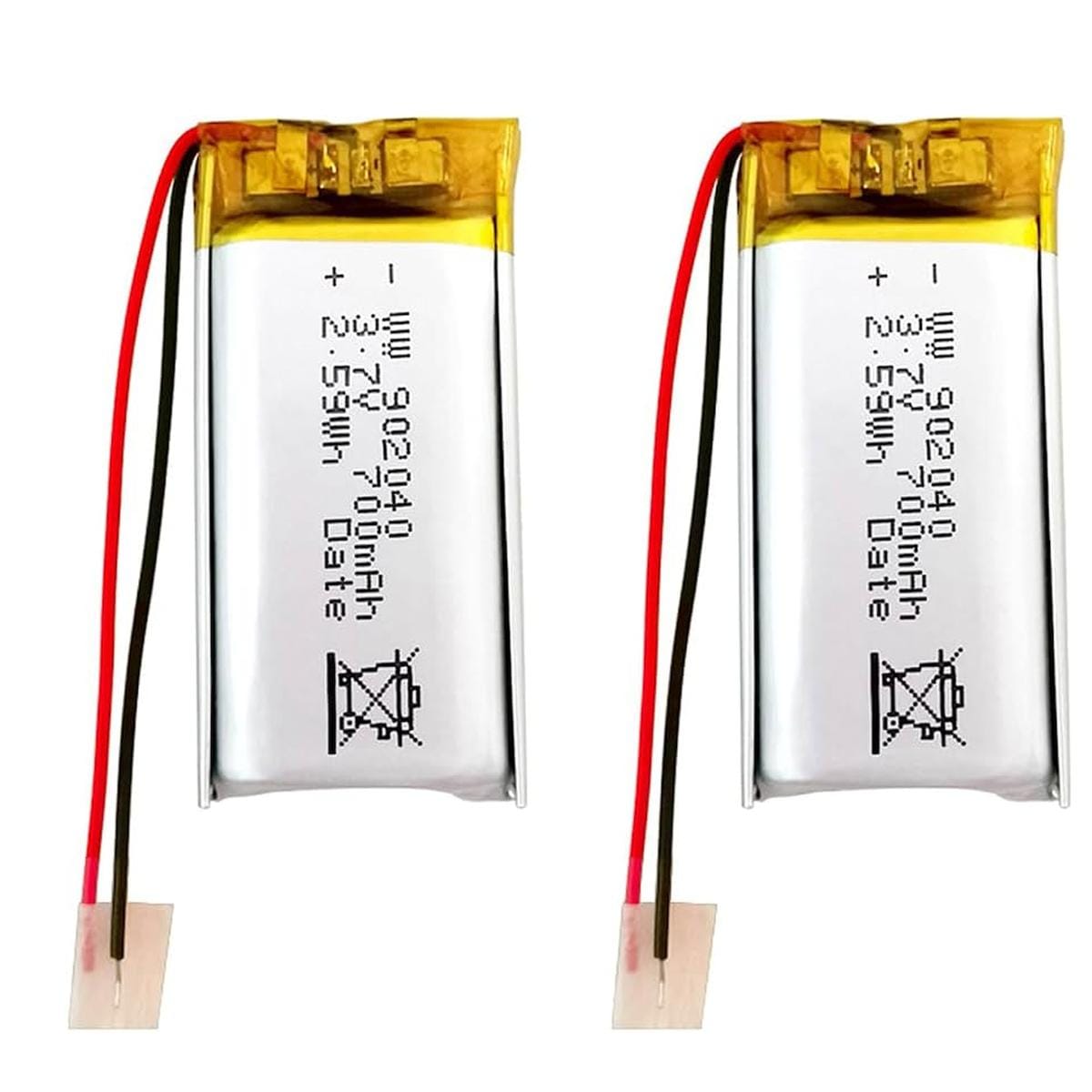 Két álló helyzetű 902040 LiPo akkumulátor 3,7 V és 700 mAh jelöléssel, piros-fekete vezetékpárral, lapos tasakos kivitelben kompakt elektronikai készülékek energiaellátásához.