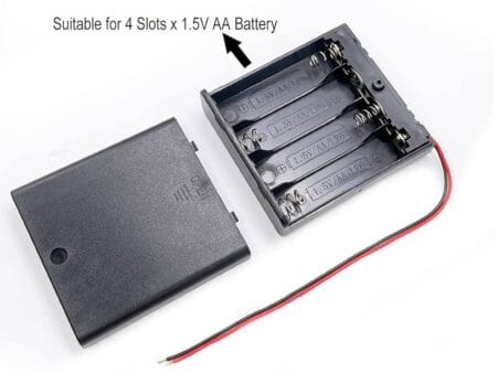 1x4 AA elemtartó kapcsolóval és vezetékkel, 6V tápellátáshoz Arduino és mikrokontroller projektekhez, stabil energiaellátás biztosítására.