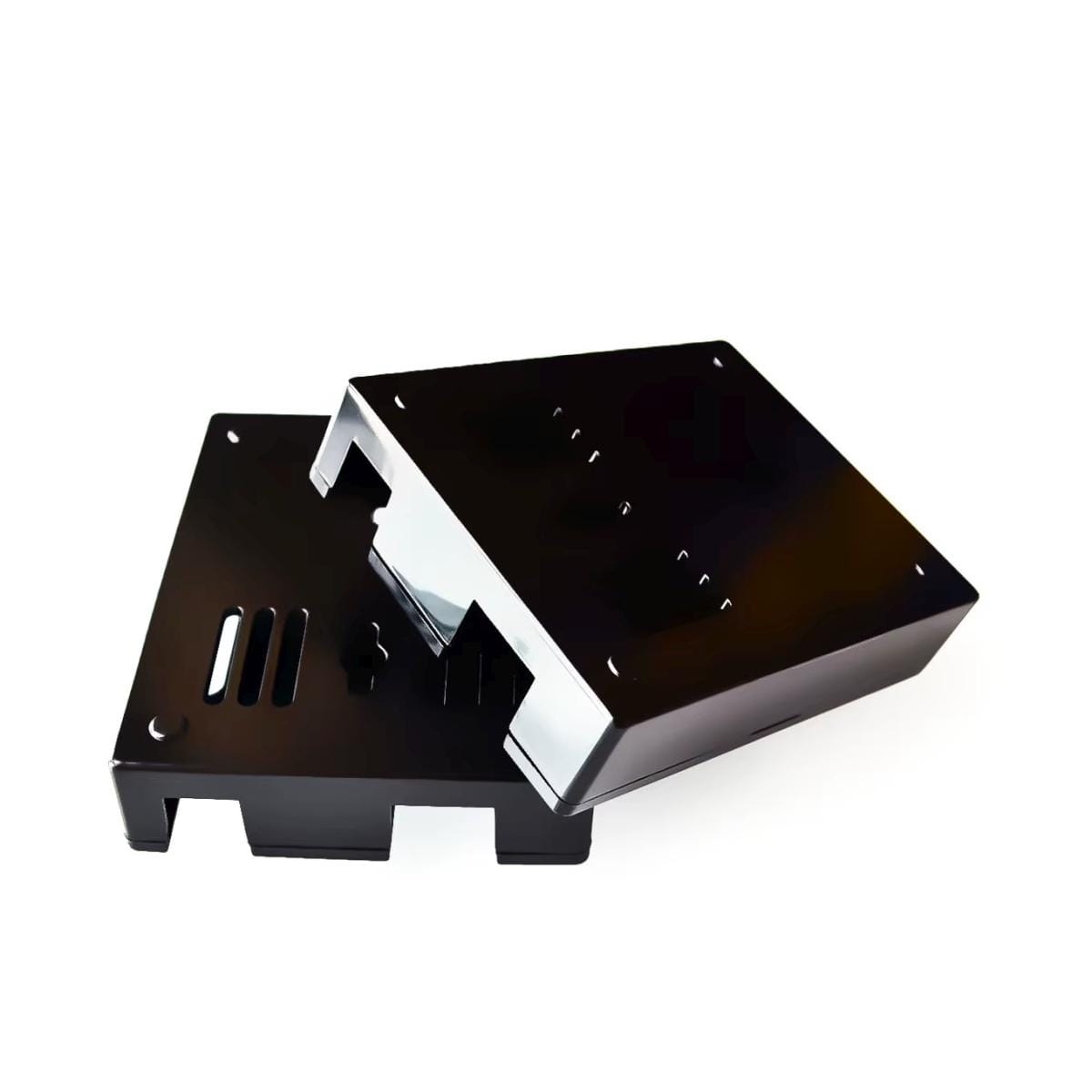 Fekete ABS védőtok Arduino UNO R3 panelhez, felső és oldalsó kivágásokkal, amelyek szabadon hagyják a tüskesorokat, az USB- és tápcsatlakozó környékét mikrokontrolleres projektek rendezett, védettebb összeépítéséhez.