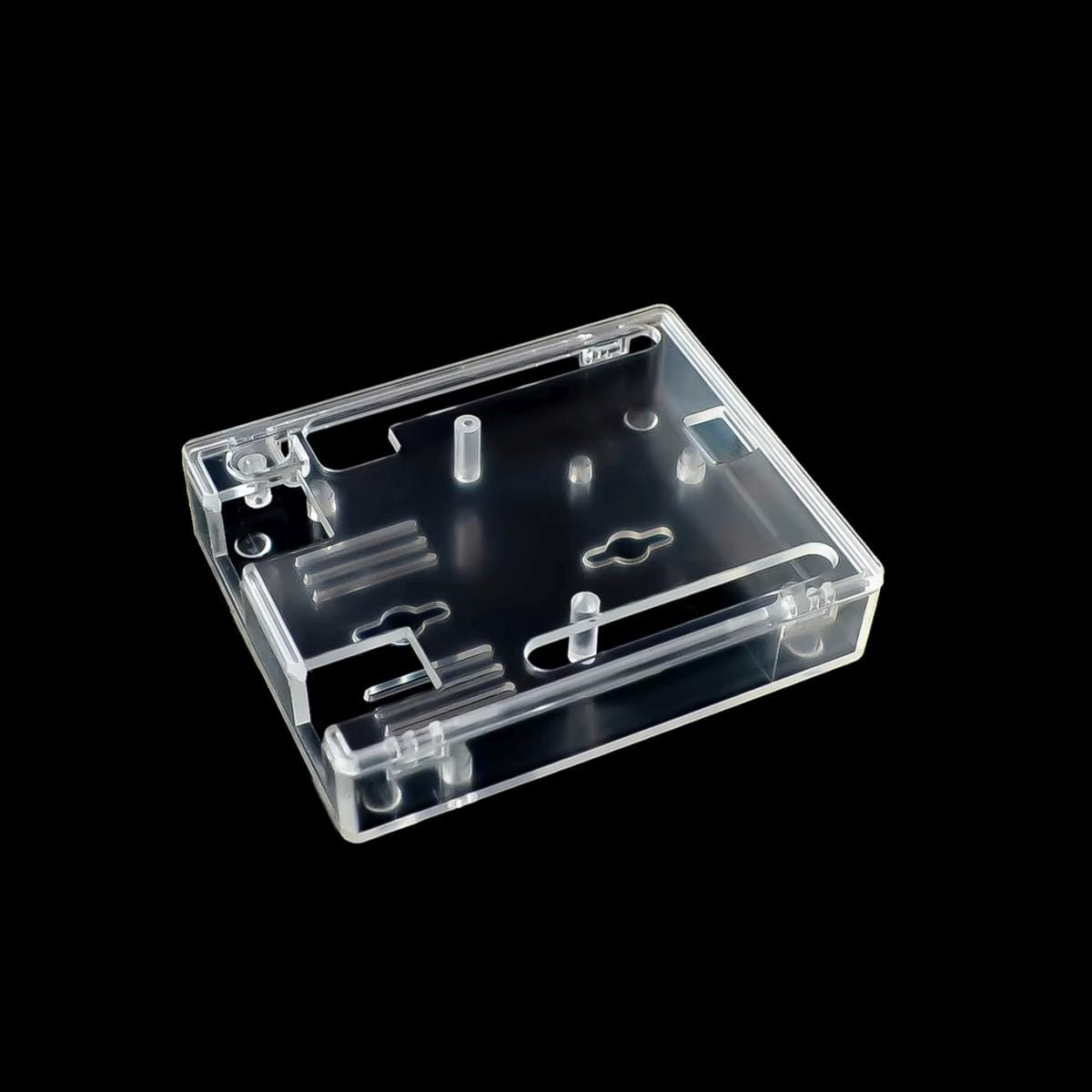 Átlátszó füstszínű ABS tok Arduino UNO R3 panelhez, kivágott USB-, táp- és kivezetési pontokkal, külső resetkezeléssel, CH340 és ATmega16U2 változatok burkolására.