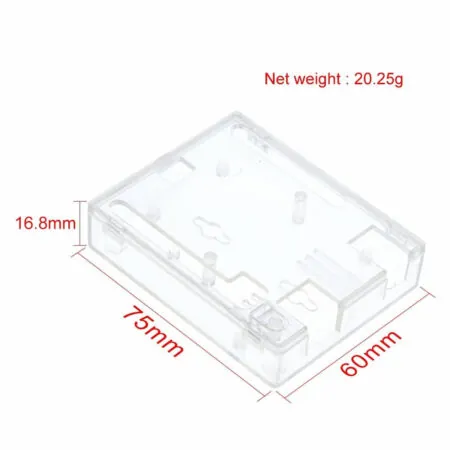 Átlátszó, füstszínű ABS védőtok Arduino UNO R3 fejlesztőpanelhez, csatlakozó- és tüskesor-kivágásokkal, valamint kívülről kezelhető reset gombbal elektronikai prototípusok rendezettebb és védettebb összeépítéséhez.