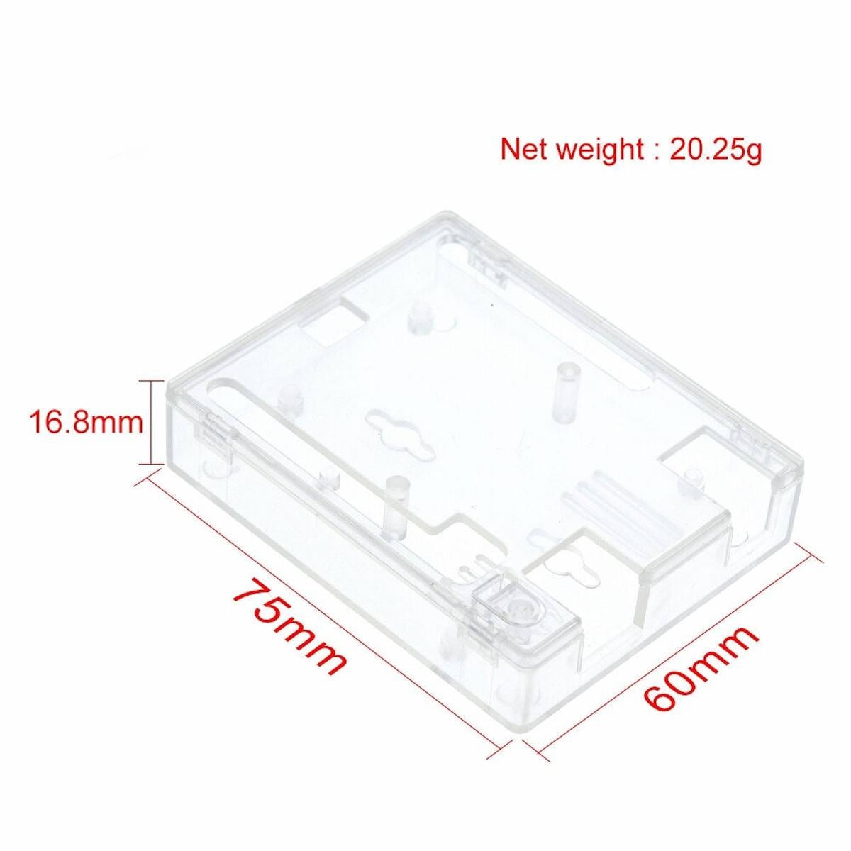 Átlátszó, füstszínű ABS védőtok Arduino UNO R3 fejlesztőpanelhez, csatlakozó- és tüskesor-kivágásokkal, valamint kívülről kezelhető reset gombbal elektronikai prototípusok rendezettebb és védettebb összeépítéséhez.