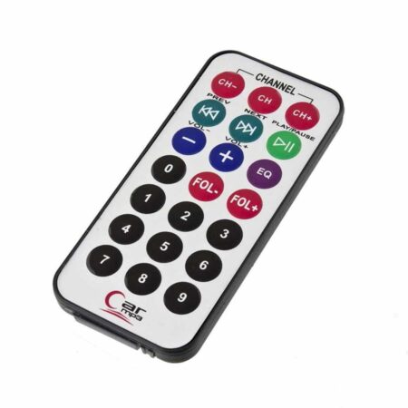 21‑gombos távirányító MP3 vezérléshez, CR2032 gombelemmel – kompatibilis számos IR eszközzel.