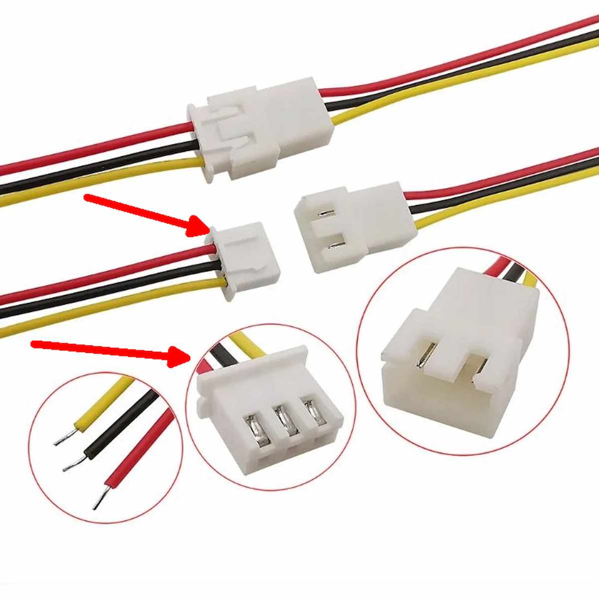 Fehér JST-XH2.54 anya csatlakozó 3 érintkezővel és színkódolt, 20 cm-es vezetékekkel, kisfeszültségű elektronikához.