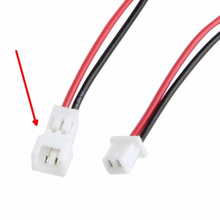 Méretezett termékkép egy JT-A1250 1.25 mm-es, 2 pines JST-GH apa csatlakozós kábelről, piros-fekete vezetékkel. A kép a micro csatlakozó fizikai méreteit és beépíthetőségét mutatja Arduino, drón, robotikai és kompakt elektronikai projektekhez.