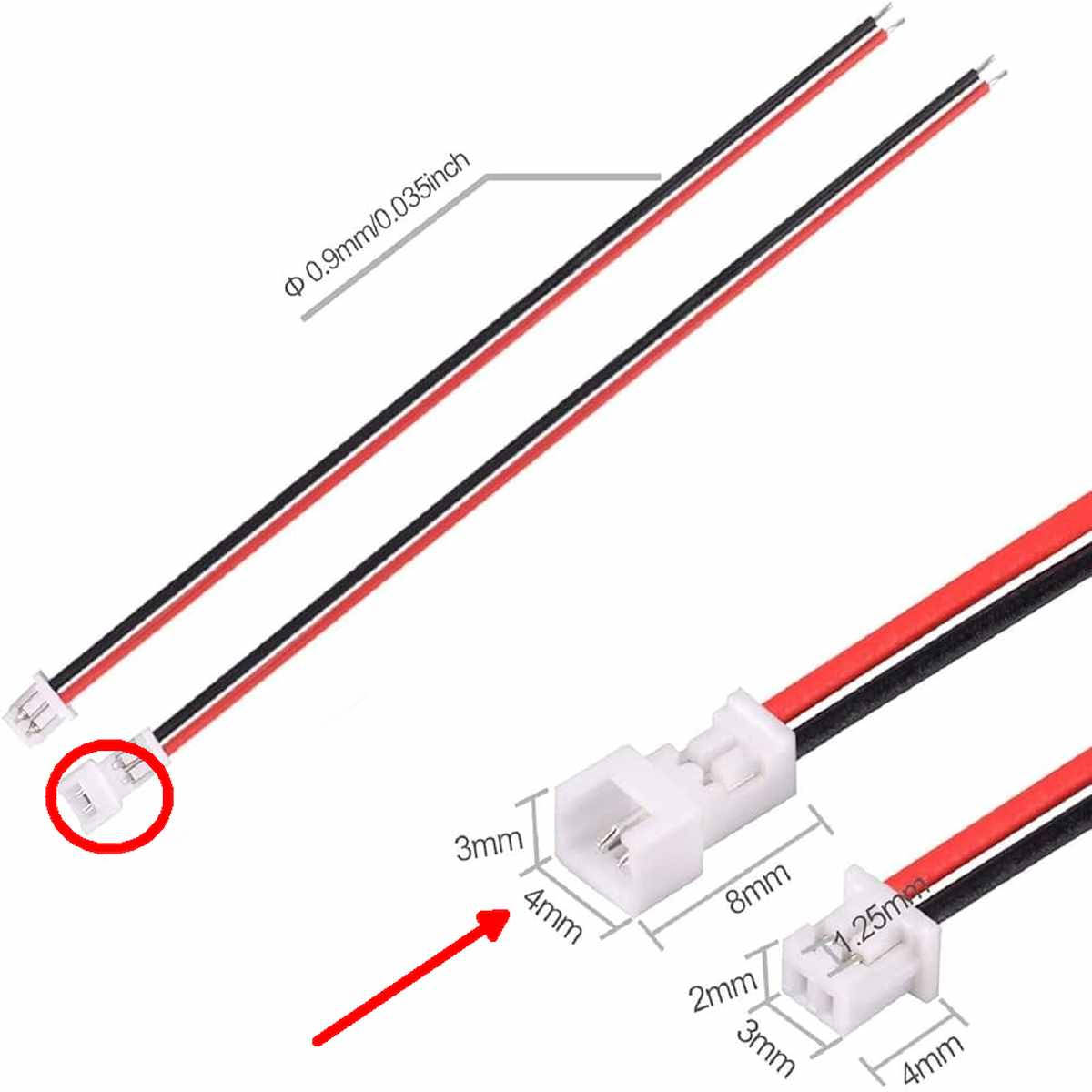 Közeli termékfotó egy JT-A1250, 1.25 mm raszterű, 2 pines JST-GH apa csatlakozós kábelről, piros-fekete vezetékekkel. A fehér micro csatlakozó Arduino, szenzoros és mikrokontrolleres kisáramú bekötésekhez használható.