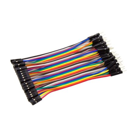 Színes, 40 eres apa-anya Dupont jumperkábel fekete csatlakozókkal, rövid Arduino projekt kezdőknek és breadboardos szenzorbekötés gyors próbáihoz.