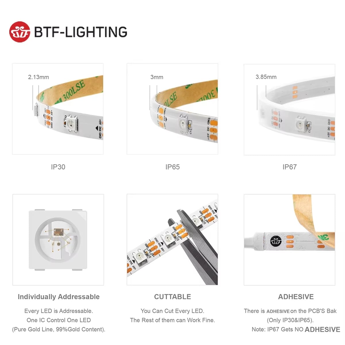 WS2812B RGB LED-szalagok összehasonlító képe különböző LED-sűrűségekkel, egyenként vezérelhető LED-ekkel és eltérő kialakítású szalagelrendezésekkel.