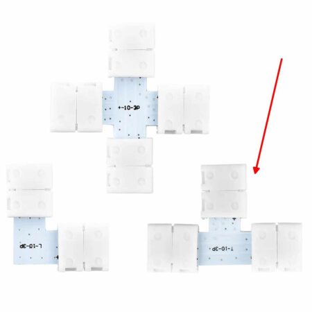 Fehér, átlátszó műanyag 3-tűs T-alakú LED-szalag csatlakozó felülnézetben; a belső réz érintkezők és a +/DAT/GND jelölés látható.