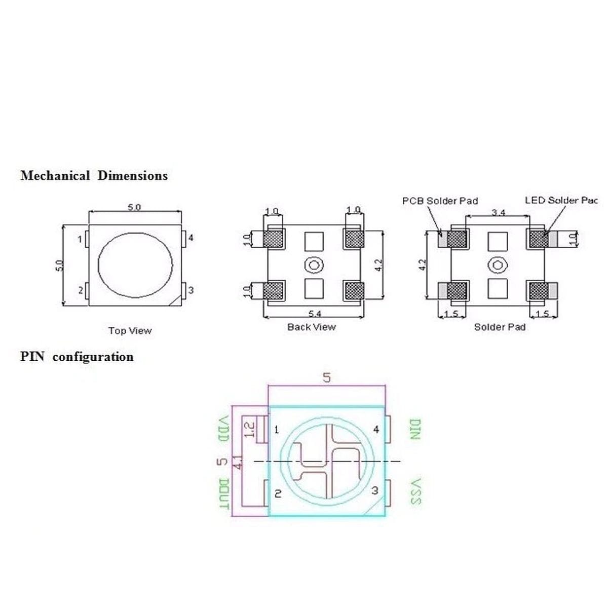 WS2812B címezhető RGB LED fehér 5050 SMD házban, külön előlapi és hátoldali nézettel, elektronikai prototípusokhoz és Arduino projektekhez.