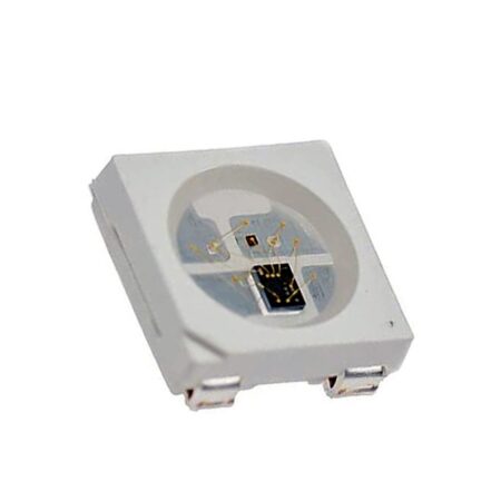 Fehér tokos WS2812B SMD RGB LED alkatrészek két oldalról, címezhető LED szalagokhoz, Arduino fényvezérléshez és mikrokontrolleres világítási prototípushoz.