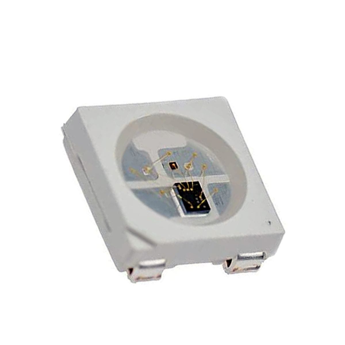 Fehér tokos WS2812B SMD RGB LED alkatrészek két oldalról, címezhető LED szalagokhoz, Arduino fényvezérléshez és mikrokontrolleres világítási prototípushoz.