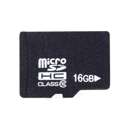 Közelről bemutatott 16 GB microSD memóriakártya Class 10 jelöléssel, Arduino és ESP adatgyűjtő projektek cserélhető tárhelyéhez, fehér háttéren, jól olvasható elülső felirattal, műhelyi dokumentációhoz hasznos.