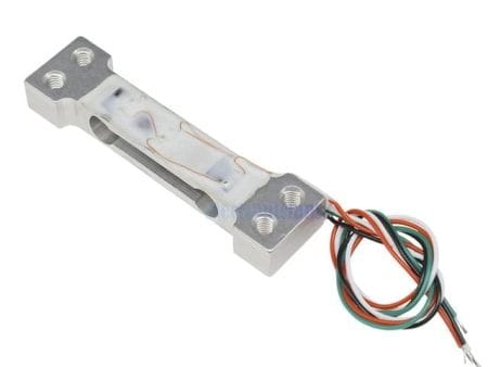 Egy alumíniumházas, négyszálas mérlegcella színes vezetékekkel, 100g–500g közötti tömeg mérésére, Arduino és mikrokontrolleres rendszerekhez.