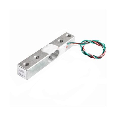 5 kg-os alumínium mérlegcella súlyméréshez, Arduino és mikrokontrolleres mérlegprojektekhez, piros, fekete, zöld és fehér csatlakozóvezetékekkel.