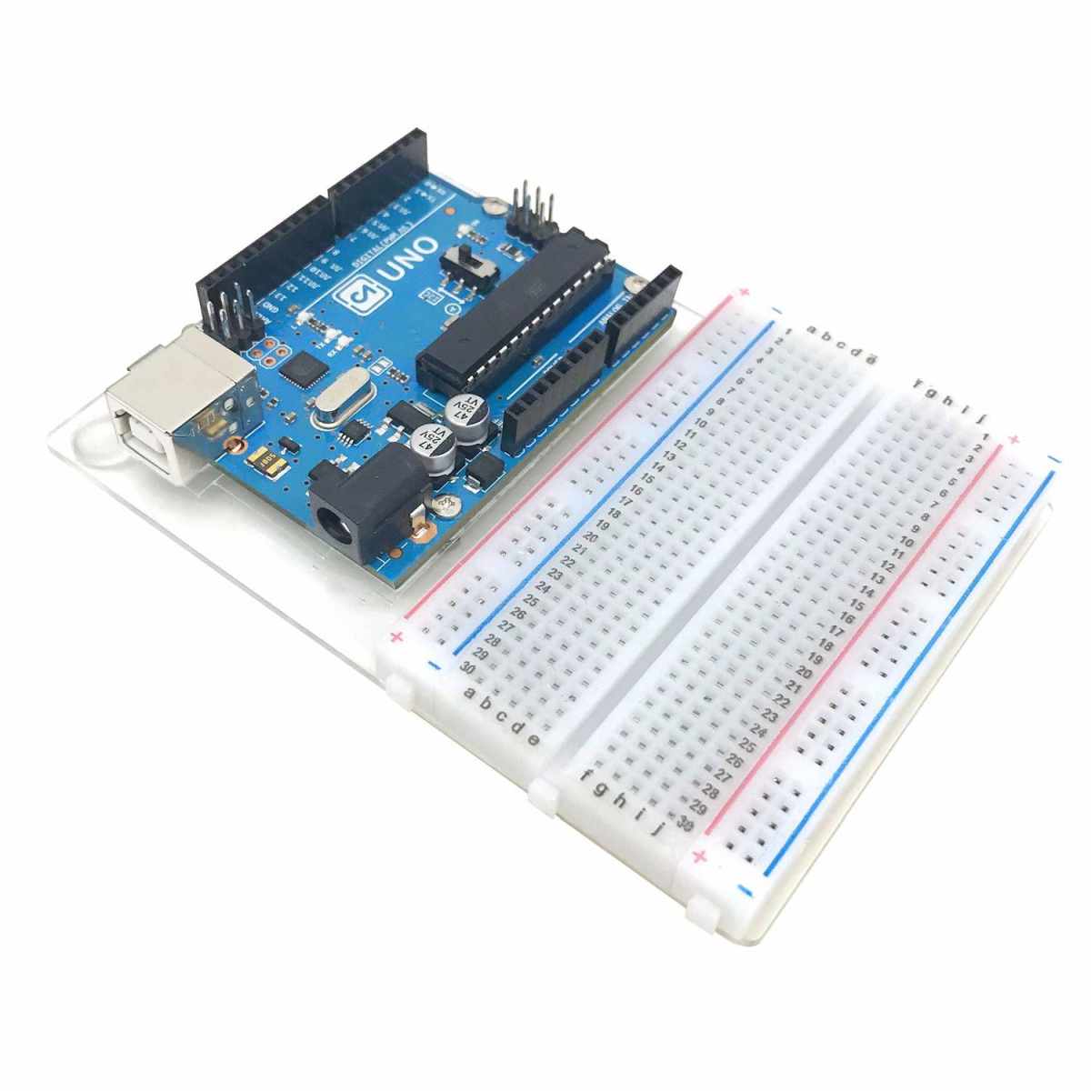 Univerzális kísérleti panel Arduino UNO-hoz, átlátszó talppal és fém rögzítőcsavarokkal, ideális oktatási és hobbi mikrokontrolleres fejlesztésekhez.