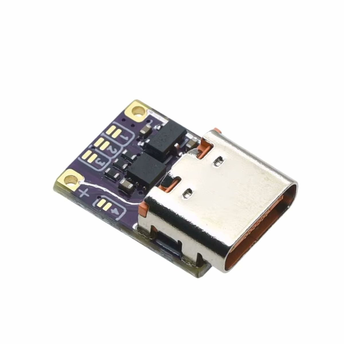 Fekete USB-C PD trigger modul SMD alkatrészekkel, vezérlőchippel és 9–20 V jelölésekkel, nagyobb feszültségű elektronikai prototípusok tápellátásához.