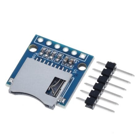 MicroSD/TF foglalatot hordozó kompakt SPI modul hat csatlakozási ponttal, 3,3 V-os mikrokontrolleres vezérléshez, mérési adatok, naplófájlok és konfigurációk külső tárolására cserélhető memóriakártyán, beágyazott projektekben is.