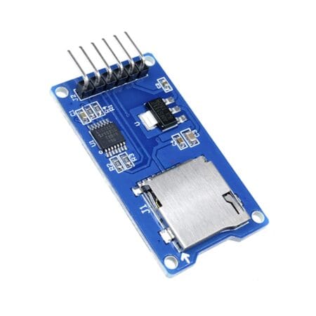 Kék színű SPI microSD kártyaolvasó panel látható, amely 3,3 V-os és 5 V-os rendszerekkel is használható. Arduino adattárolás, szenzoros mérésnaplózás és beágyazott fájlkezelés céljára alkalmas elektronikai modul.