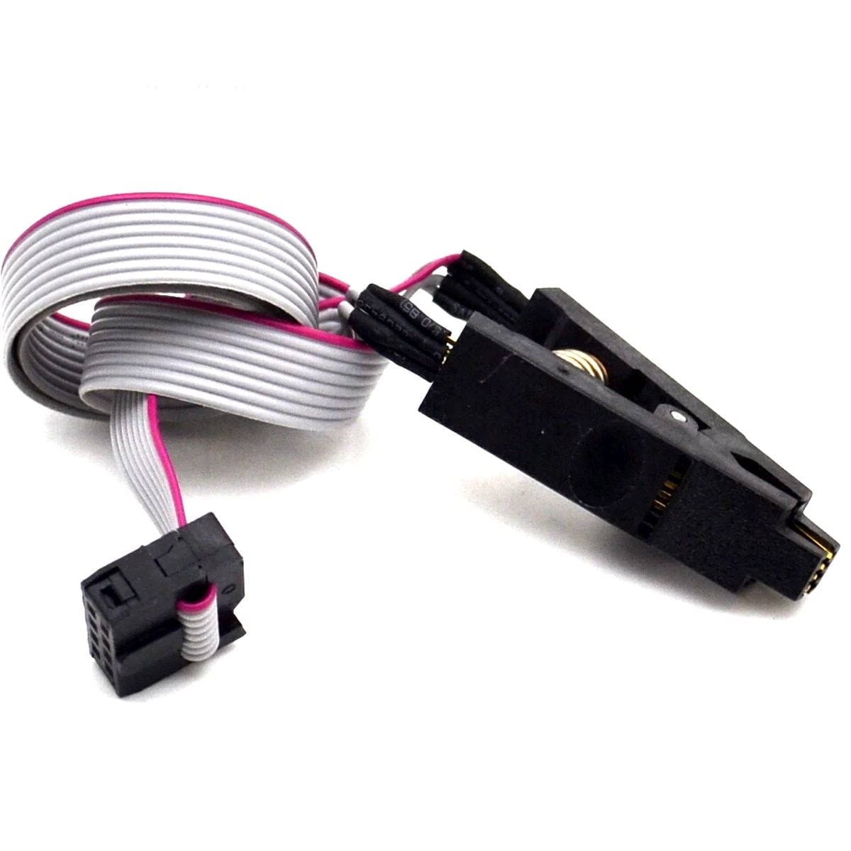 SOIC-8 rugós tesztcsipesz DIP-8 konverterpanellel és rövid csatlakozókábellel, SMD EEPROM és óra IC-k forrasztás nélküli programozásához, ellenőrzéséhez, közvetlenül az áramköri lapra szerelt tokon.