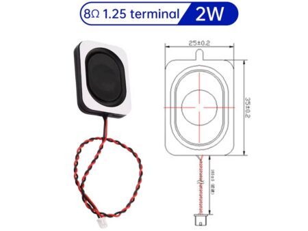 8 ohmos, 2W-os, 2535 méretű ultra-vékony hangszóró, 1.25 mm-es csatlakozóval, DIY elektronikai projektekhez.