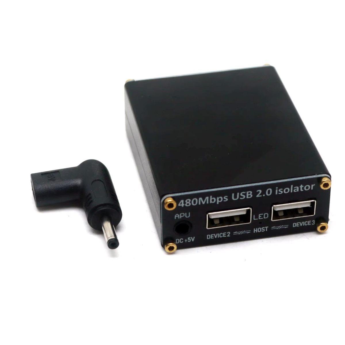 USB-C host csatlakozós USB 2.0 galvanikus leválasztó, egy USB-A eszközporttal, kompakt alumíniumházban fejlesztői, diagnosztikai és ipari kommunikációs feladatokhoz.