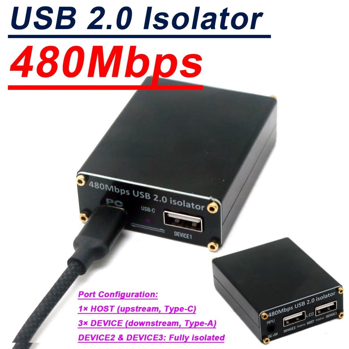 Fekete alumíniumházas USB 2.0 izolátor három USB-A csatlakozóval és külső tápbemenettel, galvanikus leválasztáshoz fejlesztői, mérési és ipari környezetben.