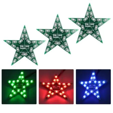 Többnézetes bemutató csillag alakú LED panelről, felül az üresebb állapotokkal, alul a kész zöld, piros és kék világító változatokkal; segít összevetni a szerelési állapotot és a végeredményt.