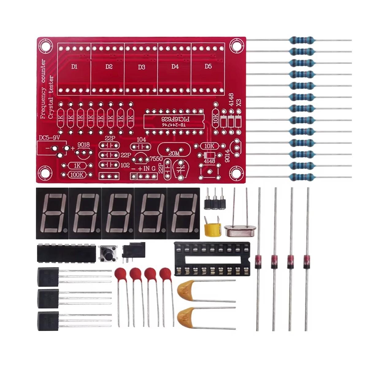 Komplett DIY frekvenciamérő forrasztókészlet piros NYÁK-lappal, öt LED-kijelzővel, ellenállásokkal, diódákkal, tranzisztorokkal, kvarccal, IC-vel, foglalattal és nyomógombbal.