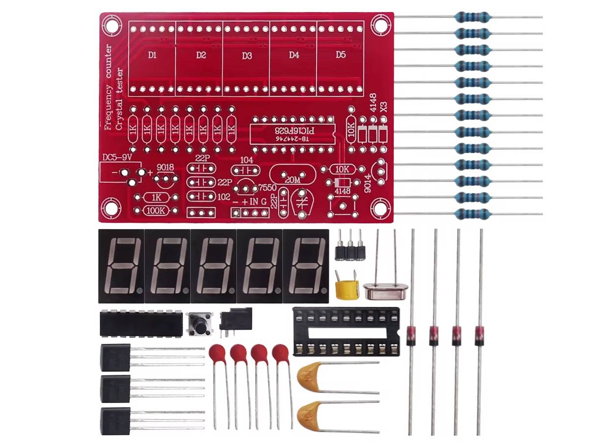 Egy digitális, LED kijelzős kristályoszcillátor frekvenciamérő készlet 1 Hz és 50 MHz közötti tartománnyal, mikrokontrolleres vezérléssel, DIY forrasztási lehetőséggel.