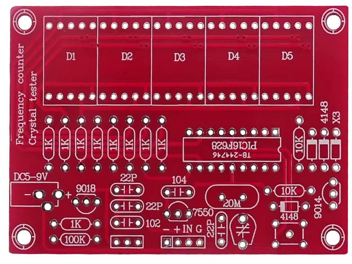 Egy digitális, LED kijelzős kristályoszcillátor frekvenciamérő készlet 1 Hz és 50 MHz közötti tartománnyal, mikrokontrolleres vezérléssel, DIY forrasztási lehetőséggel.