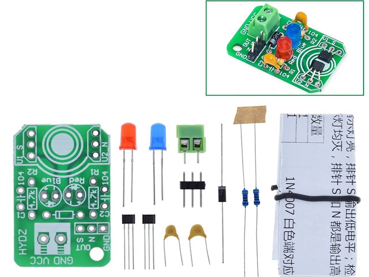 Hall mágneses indukciós szenzor modul DIY tanulókészlet Arduino‑projektekhez, Észak‑Dél pólus felismeréssel, piros és kék LED jelzéssel.