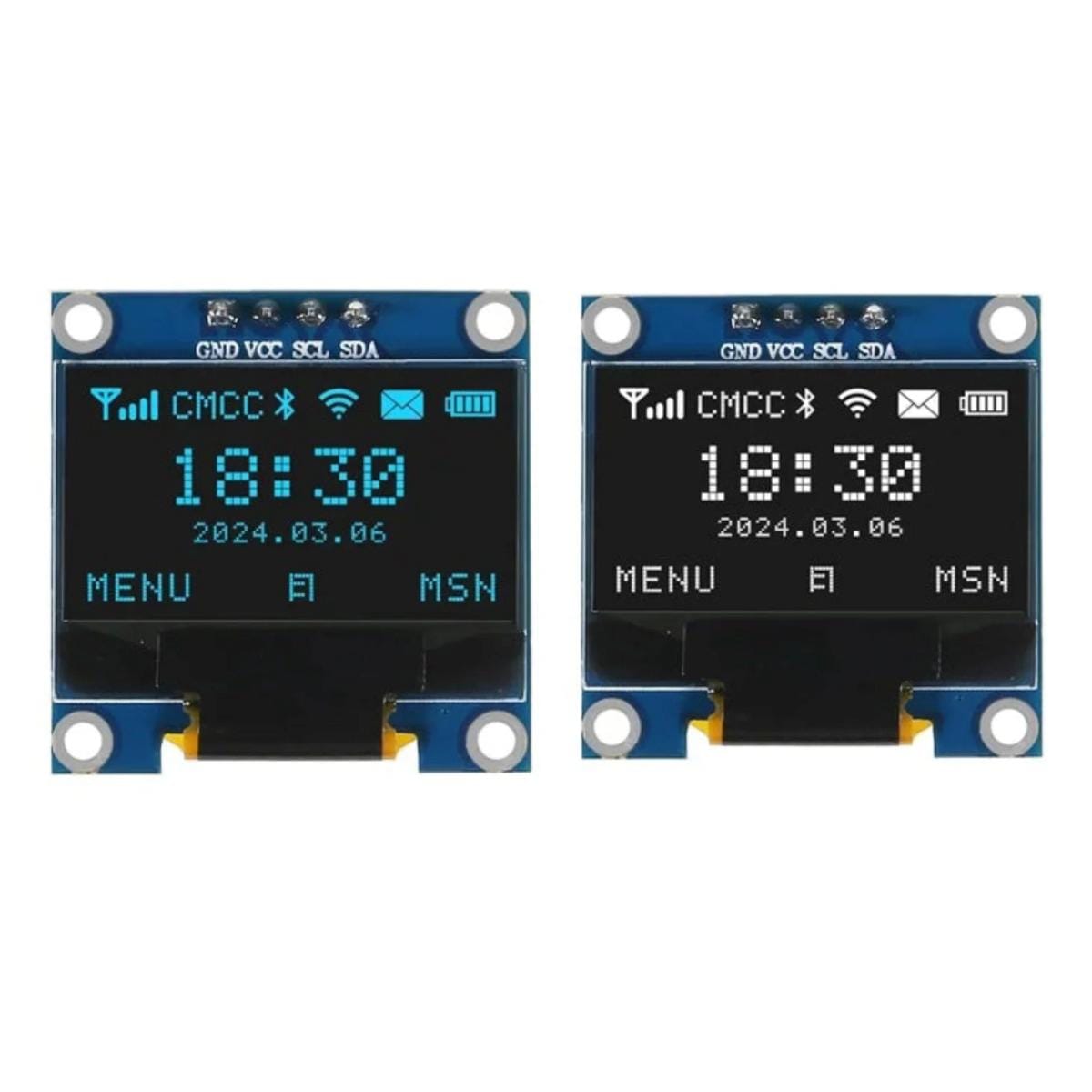 Két bekapcsolt, 1,3 hüvelykes OLED kijelzőmodul egymás mellett, egyik kék, másik fehér megjelenítéssel, azonos óra- és ikonelrendezéssel, I2C csatlakozással mikrokontrolleres felületekhez, Arduino projektekben való összevetéshez.