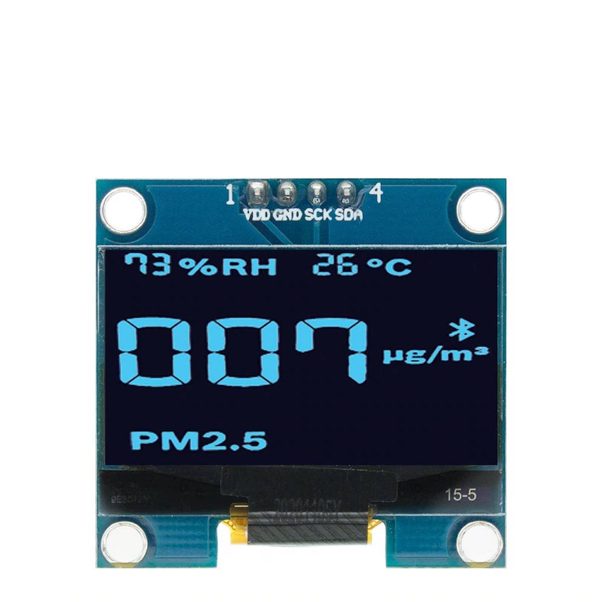 Bekapcsolt, 1,3 hüvelykes kék OLED kijelzőmodul négy rögzítőfurattal és I2C bekötési pontokkal, demó adatokkal, PM2.5 értékkel, páratartalommal és hőmérséklettel megjelenítve, mikrokontrolleres projekthez jól használható.