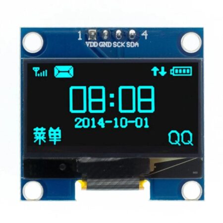 Bekapcsolt 1,3 hüvelykes kék OLED kijelző óra-szerű felülettel, ikonokkal, dátummal és menüelemekkel, négypólusú I2C csatlakozással, Arduino kezelőfelülethez vagy kompakt információs panelhez, kis méretű mikrokontrolleres projektekben is.