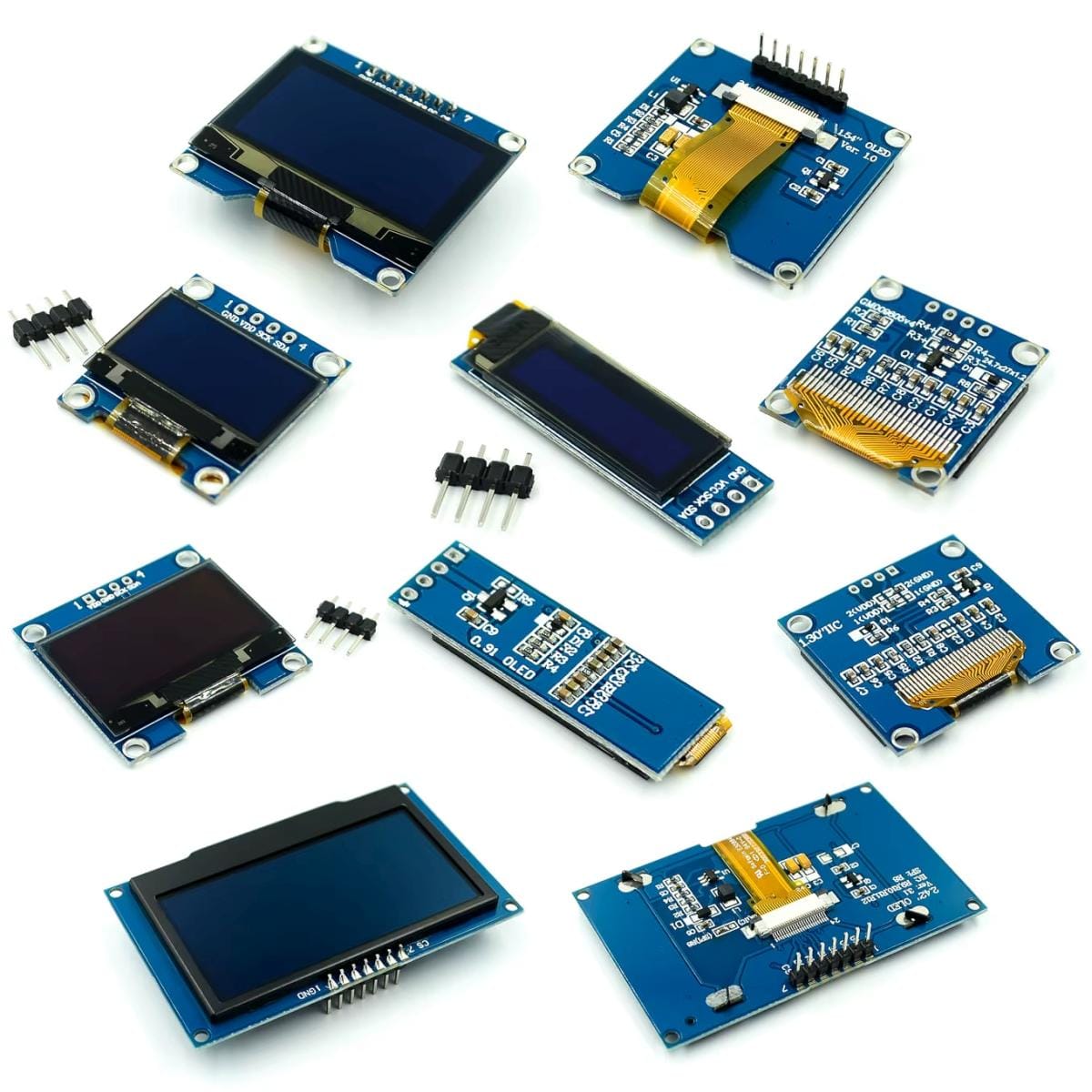 Több nézetből fotózott, 1,3 hüvelykes kék OLED kijelzőmodul I2C csatlakozással, előlapi és hátoldali részletekkel, szerelési furatokkal, tüskesorokkal és kiegészítő pinekkel, Arduino projektekhez, mikrokontrolleres kijelzéshez.