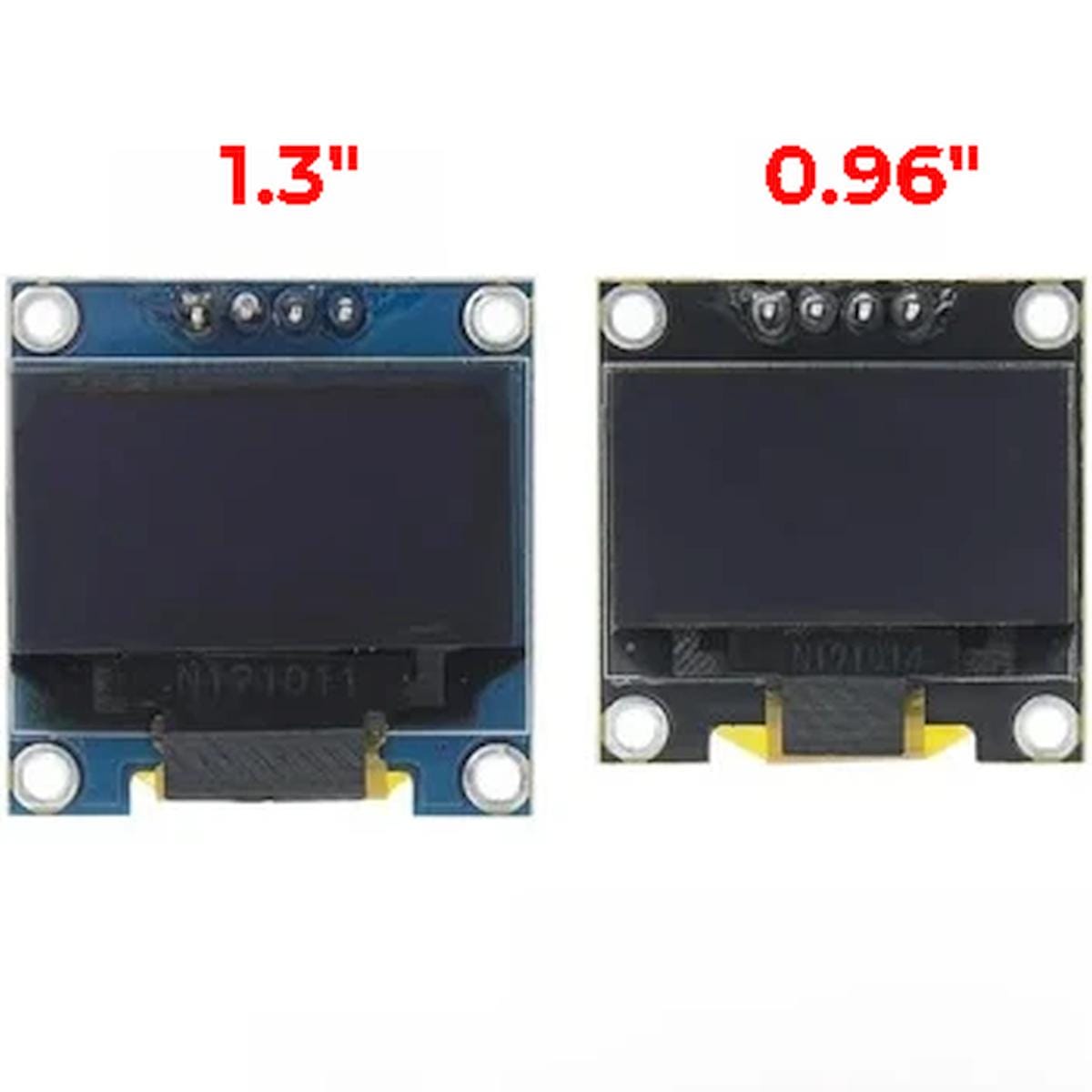Egymás mellett látható egy 1,3 hüvelykes és egy 0,96 hüvelykes OLED kijelzőmodul, azonos jellegű fekete kijelzőfelülettel és négy sarokban kialakított rögzítőfuratokkal, méret-összehasonlításhoz.