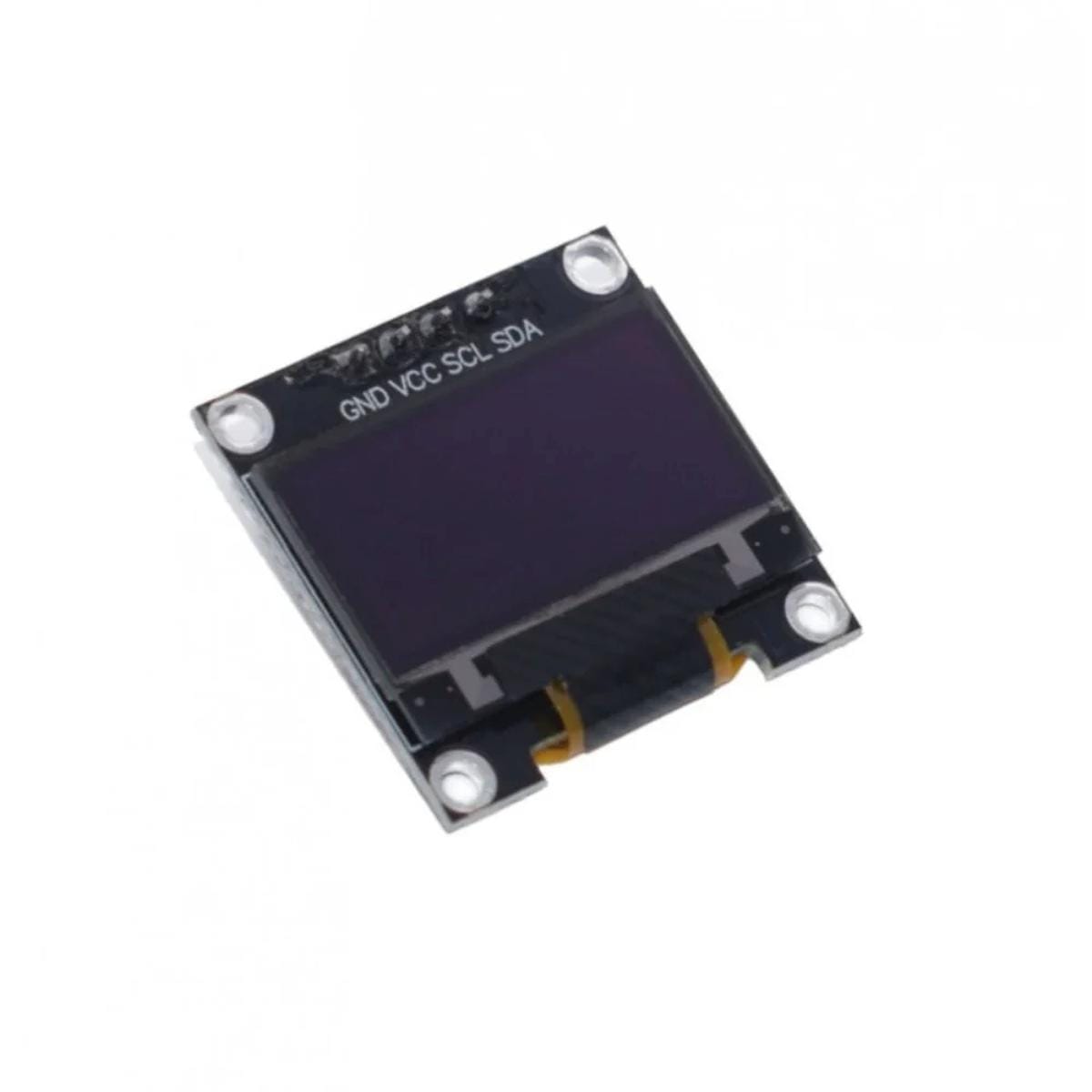Kompakt OLED kijelzőmodul fekete kijelzőfelülettel, négy rögzítőfurattal és GND, VCC, SCL, SDA jelölésű csatlakozásokkal, mikrokontrolleres I2C bekötéshez kialakított kis panelen, fehér háttér előtt.